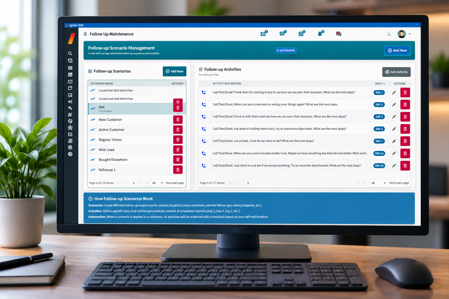 Ignite CRM workflow automation showing follow-up scenarios and scheduled activities